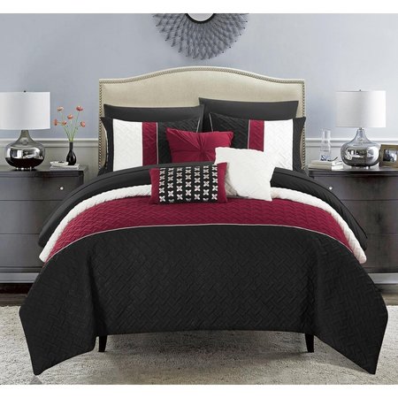 FIXTURESFIRST 10 Piece Lior Quilted Embroidered Design Bedding Comforter Set, Black FI2541673